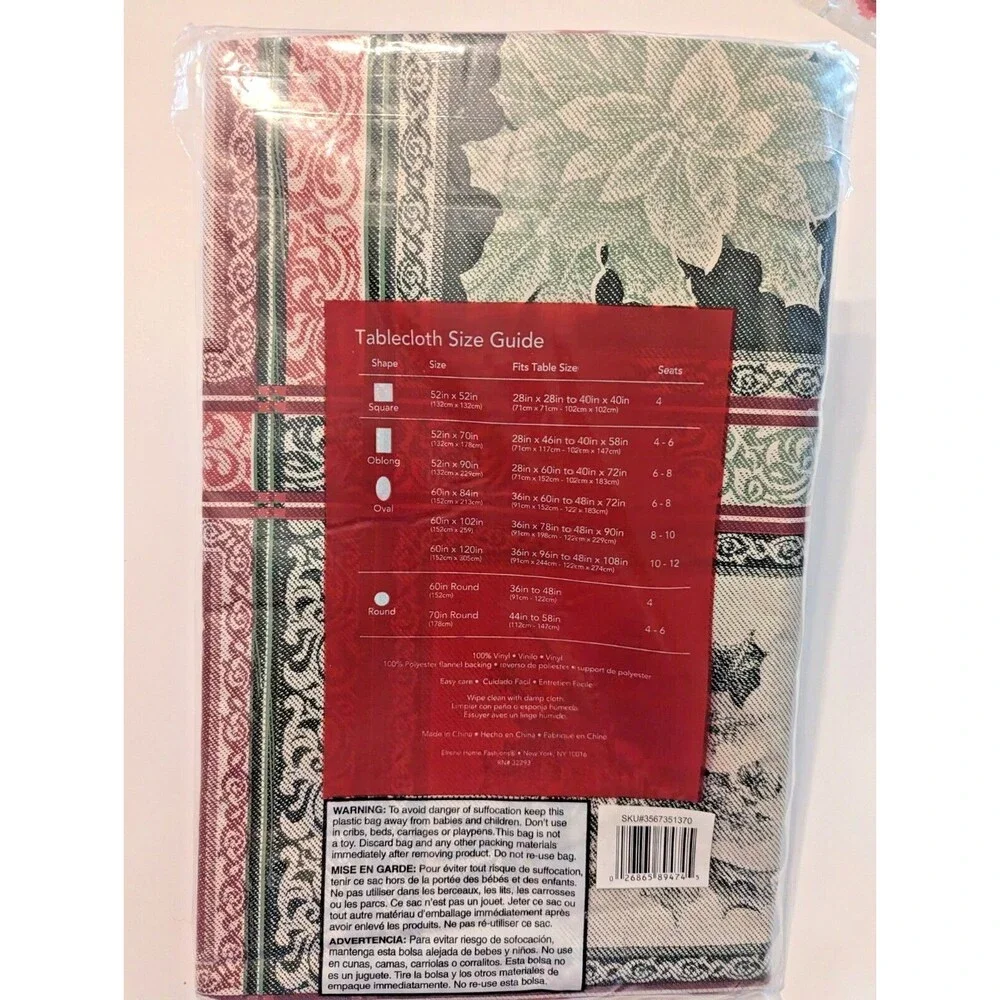 Festive Poinsettia Patchwork Vinyl Tablecloth Jacquard 70-in Round Holiday Gift